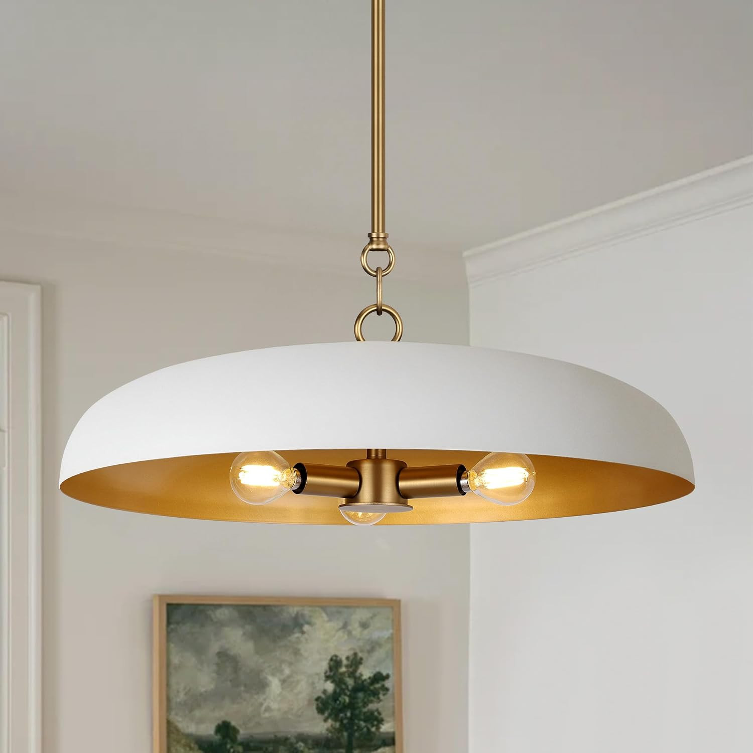 LamQee 20 Inch Oversized Large Pendant Lights, 3-Lights White and Gold Dome Chandelier, Mid Century Modern Metal Pendant Lighting Fixture Ceiling Hanging for Kitchen Island Dining Room Over Table Bar | Amazon (US)
