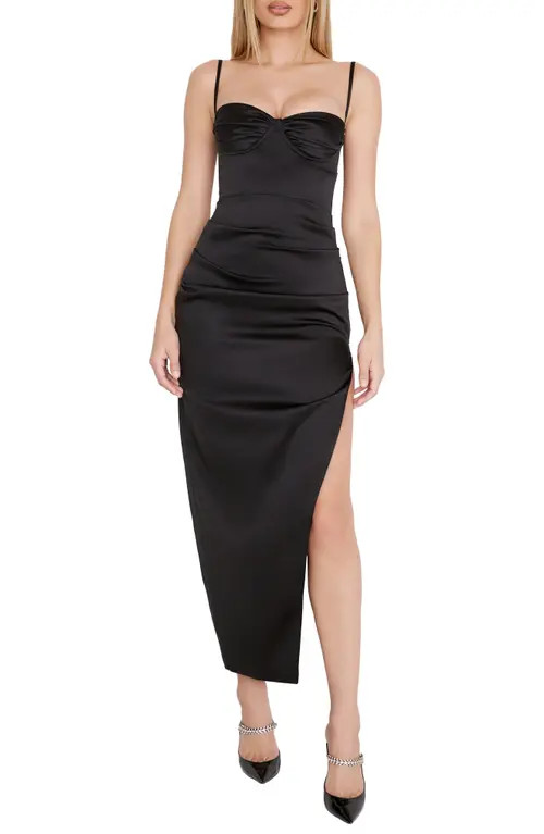 HOUSE OF CB Flora Pleated Satin Midi Dress in Black Plus Cup at Nordstrom, Size Small D | Nordstrom