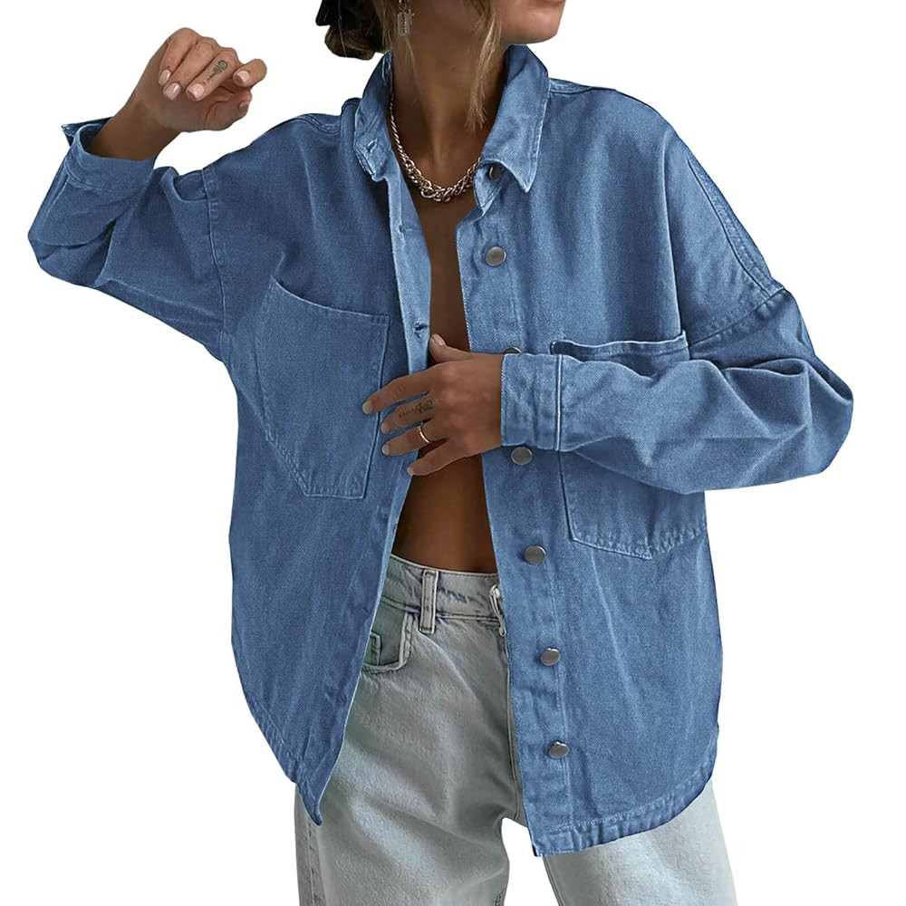 Tankaneo Womens Oversized Denim Shirt Jacket Button Down Long Sleeve Fall Casual Jean Shackets | Amazon (US)