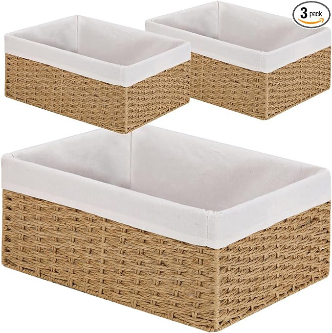 Vagusicc Wicker Storage Basket, 3-Pack Woven Paper Rope Wicker Baskets with Handles, Large Wicker... | Amazon (US)