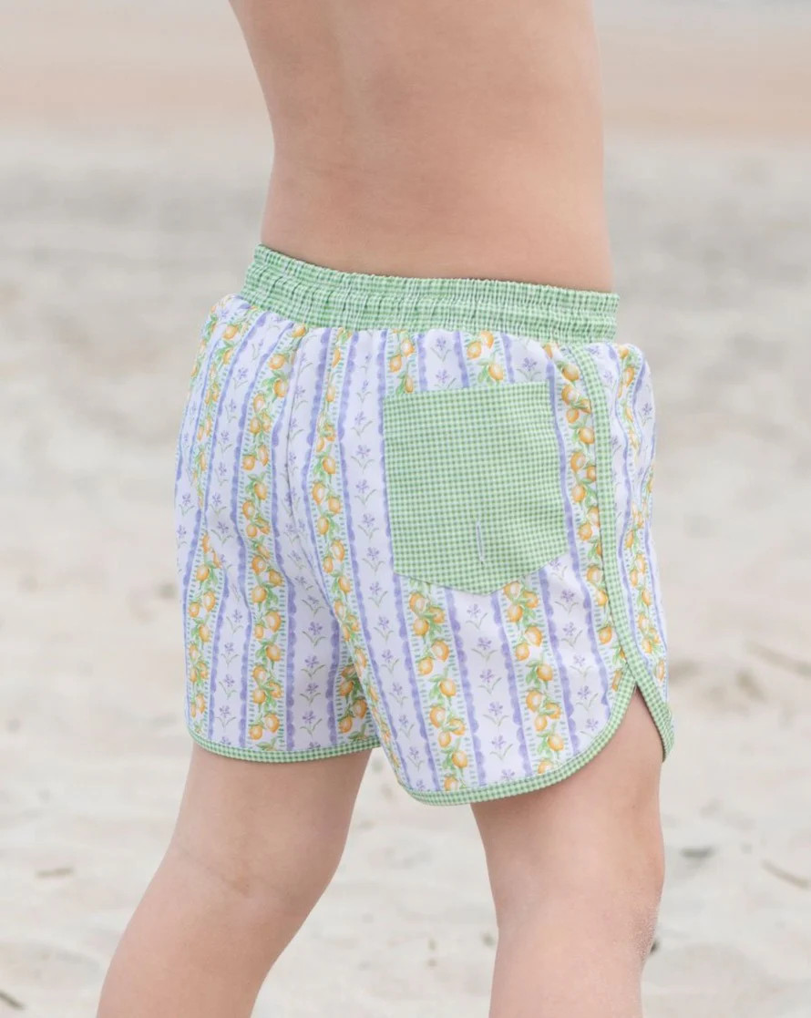 Lemon Zest Swim Trunks with Green Gingham Trim | Smockingbird Kids