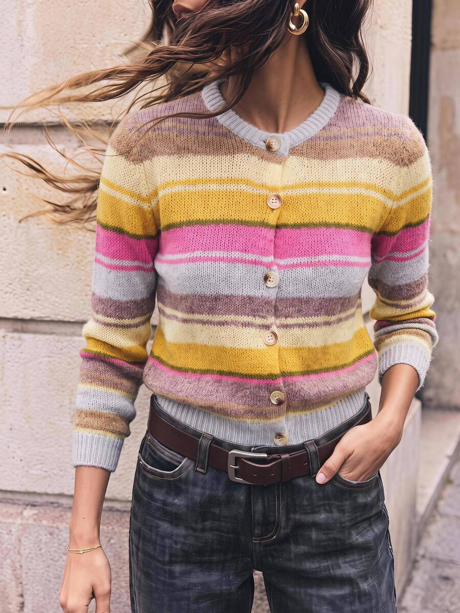Maija Women's Pink And Yellow And And Knit Cardigan, Round Neck, Long Sleeve, Urban 2000s Casual French 2000s, Waist-Cinching, Autumn/Winter Brunch | SHEIN