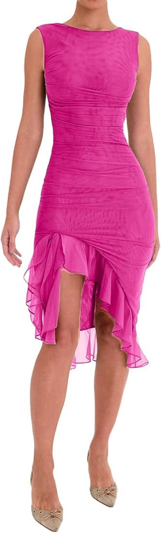 Chloefairy Women's Summer Midi Bodycon Sleeveless Backless Ruffle Hem Mermaid Cocktail Elegant Ta... | Amazon (US)