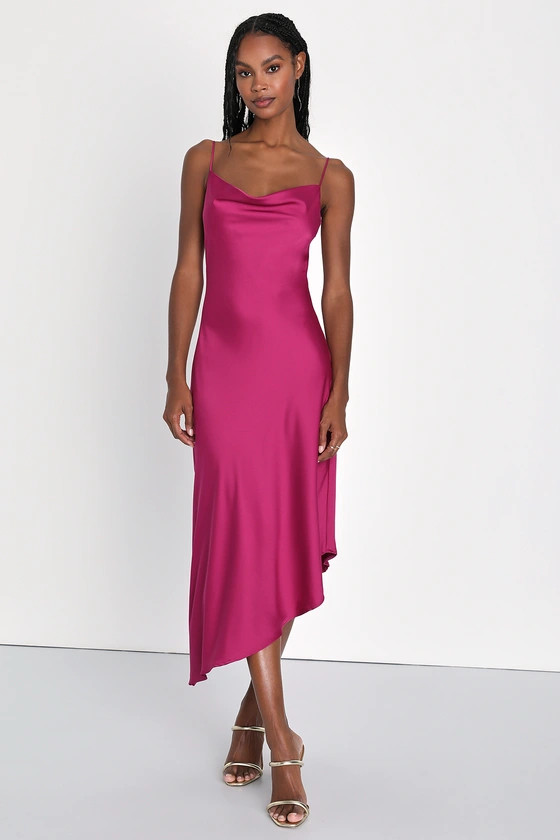 Iconic Stunner Magenta Satin Cowl Neck Asymmetrical Midi Dress | Lulus (US)