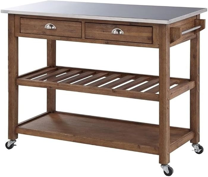 Pemberly Row 2-Drawer Farmhouse Wood Kitchen Cart, Barnwood Brown Wire-Brush Finish, Stainless St... | Amazon (US)