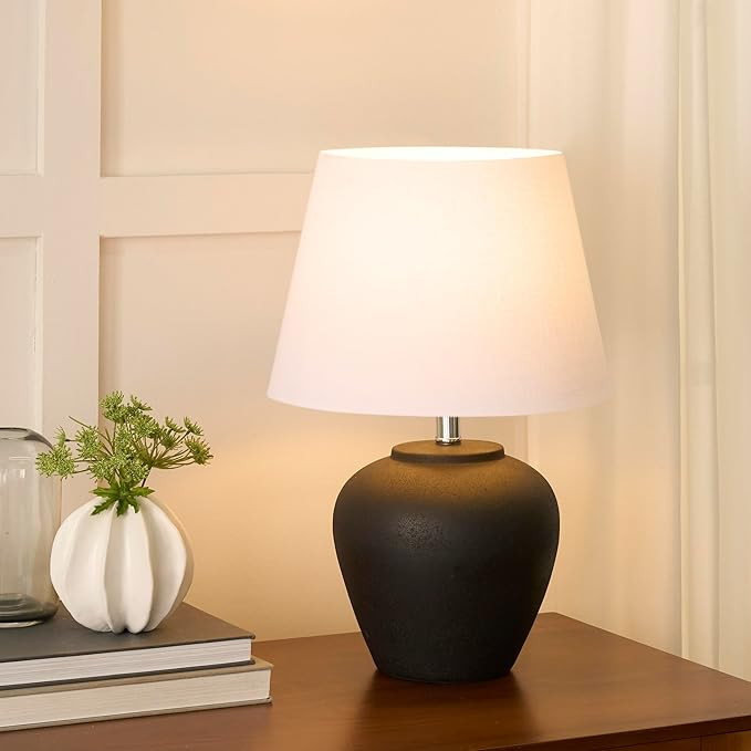 Nourison Home 20" Black Matte Ceramic Table Lamp with Fabric Shade, Bedside Nightstand Lamp for B... | Amazon (US)