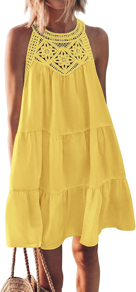 BTFBM Women Summer Halter Dresses Casual Spring 2025 Sleeveless A-Line Tiered Swing Mini Dress Be... | Amazon (US)