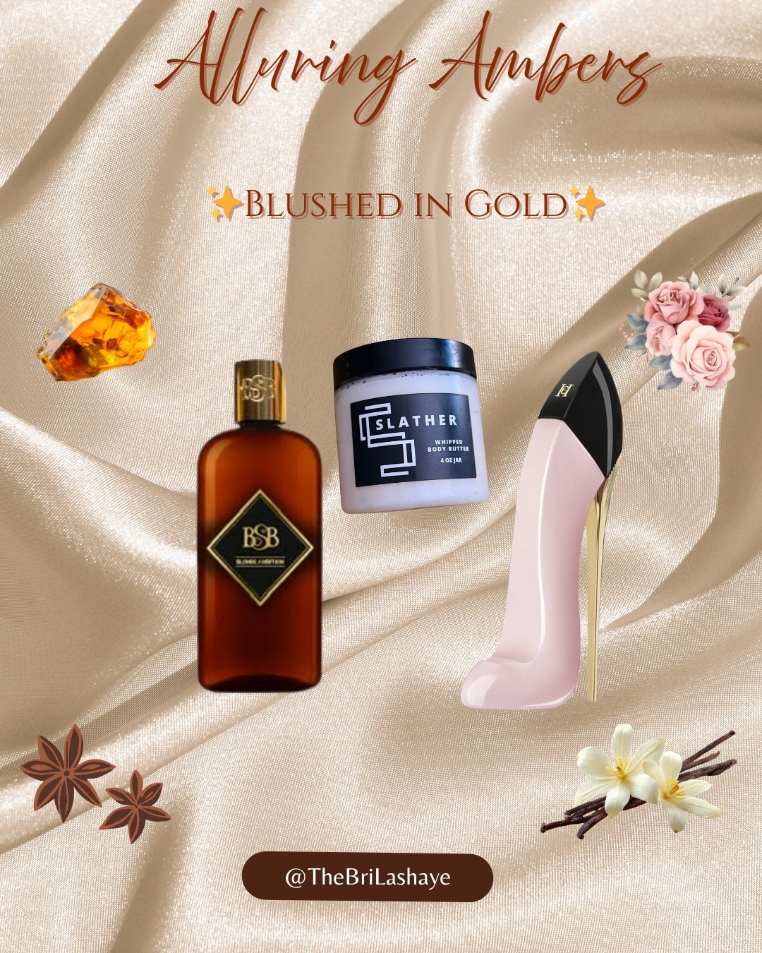 Alluring Ambers Blushed in Gold ✨

Base: Alluring Ambers body butter — a warm, golden foundation that melts into the skin.

Middle: Blonde Ambition body oil by Brown Sugar Babe, pressed into every pulse point for depth and sensual warmth.

Top: Good Girl Blush, the final veil of soft florals, vanilla, and citrus that turns this into a full-bodied, feminine moment.

A layered scent ritual for the woman who smells expensive, moves with intention, and leaves a trace long after she’s gone. ✨




#LTKBeauty