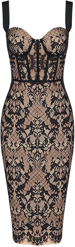 Lace Fishbone Midi Cocktail Party Bandage Dress for Women Back Slit Wedding Guest Dress | Amazon (US)