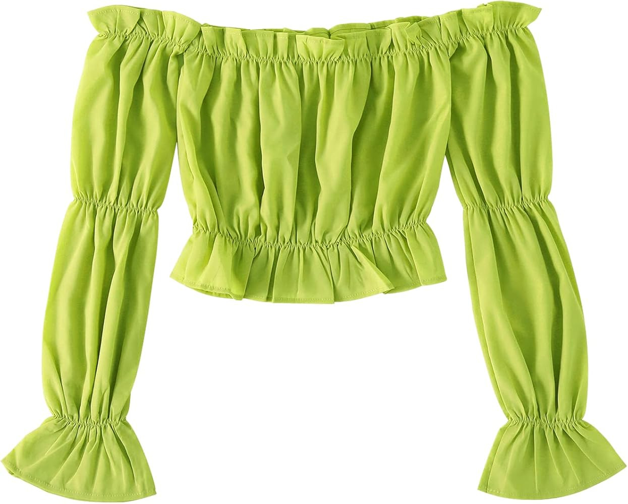 LYANER Women's Off Shoulder Ruffle Trim Puff Long Sleeve Tube Crop Blouse Shirt Top | Amazon (US)