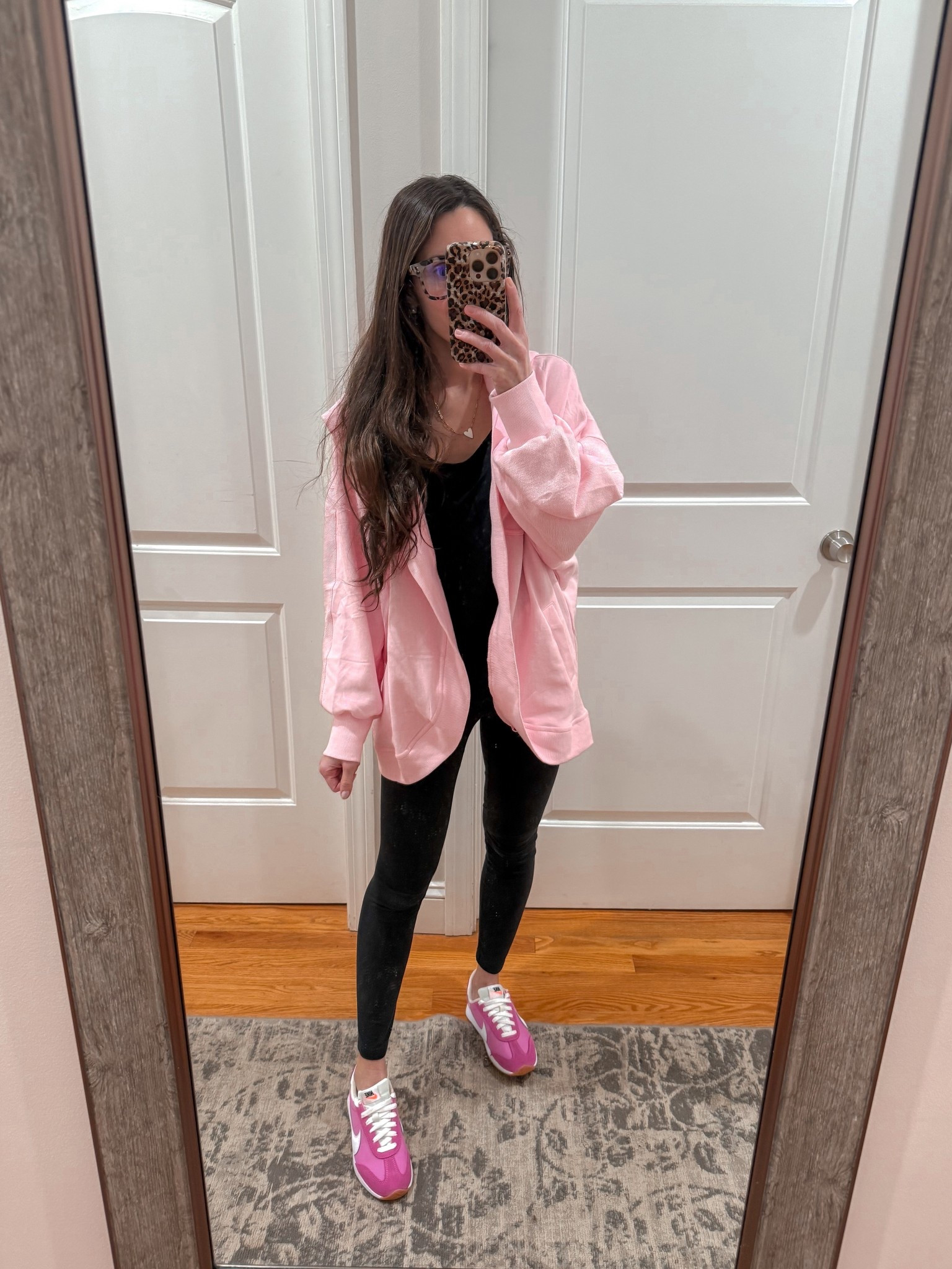 Pink outfit ; casual mom outfit ; pink cardigan ; Amazon pink sweater ; pink sneakers ; pink Nikes ; Valentine’s Day ; teacher Valentine’s Day sweater ; class Valentine’s Day outfit 

#LTKmomlife #LTKValentine #LTKPetite