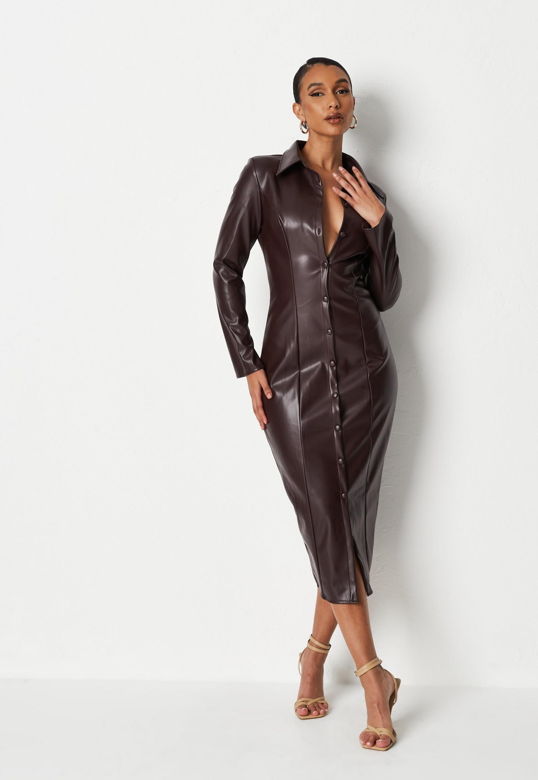 Chocolate Button Up Faux Leather Shirt Dress | Missguided (UK & IE)