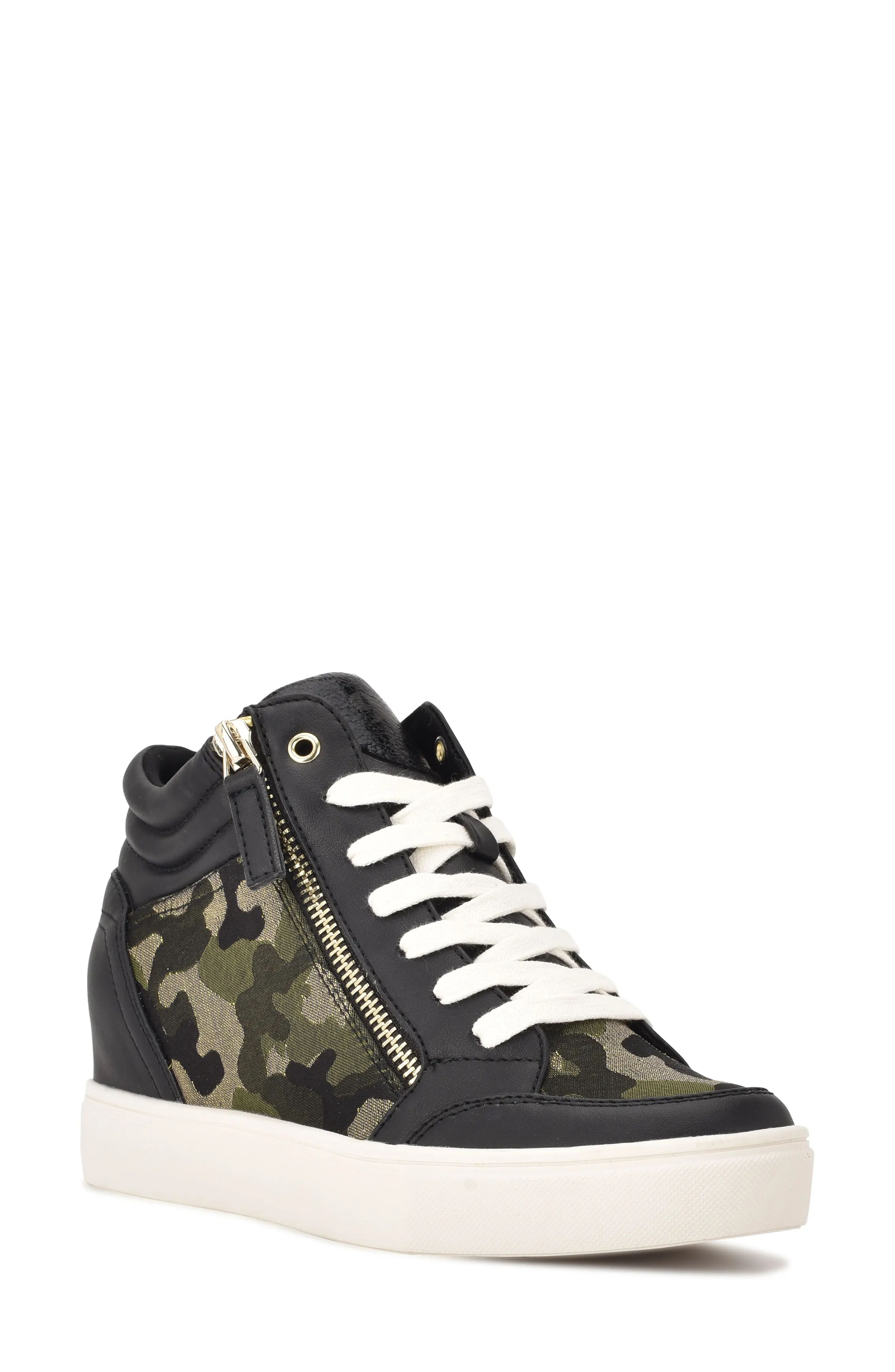 Nine West Tons Lace-Up Wedge Sneaker, Size 8 in Black/Camo at Nordstrom | Nordstrom
