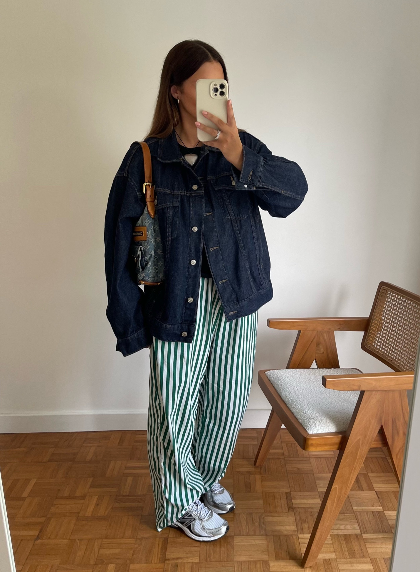 summer outfit, spring outfit, denim jacket, stripe pants, new balance sneaker, outfit inspo