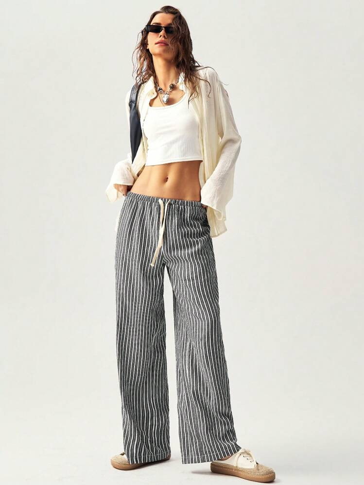 Bohemela Woven Striped Low-Waisted Straight-Leg Women's Pants For Vacation | SHEIN