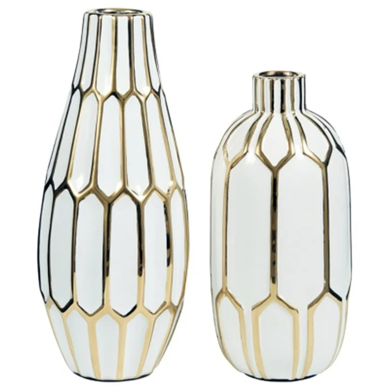Signature Design by Ashley Mohsen Honeycomb Ceramic 2 Piece Bottle Neck Vase Set, White & Gold | Walmart (US)