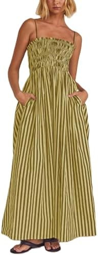 KMBANGI Women Striped Sleeveless Maxi Dress Swing Patchwork Midi Dress Smocked Spaghetti Strap Co... | Amazon (US)