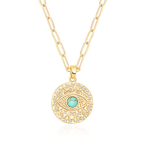 Aobei Pearl Micro Pave Synthetic CZ Evil Eye Medallion Necklace 18k Gold Plated Paper Clip Chain Coin Pendant Necklace Protection Layering Jewelry for Women 18’’ | Amazon (US)