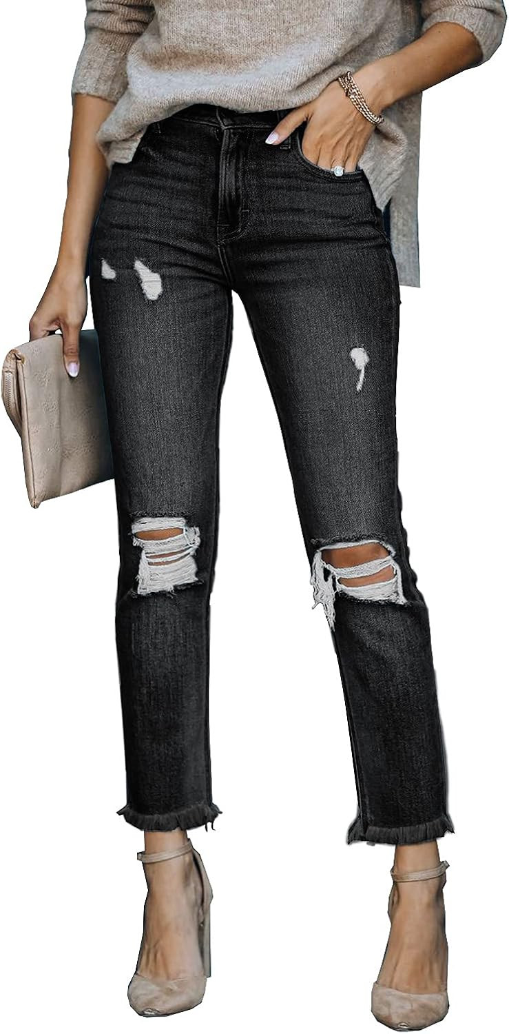 Sidefeel Women Patchwork Destroyed Raw Hem Jeans Ripped Hole Denim Pants | Amazon (US)