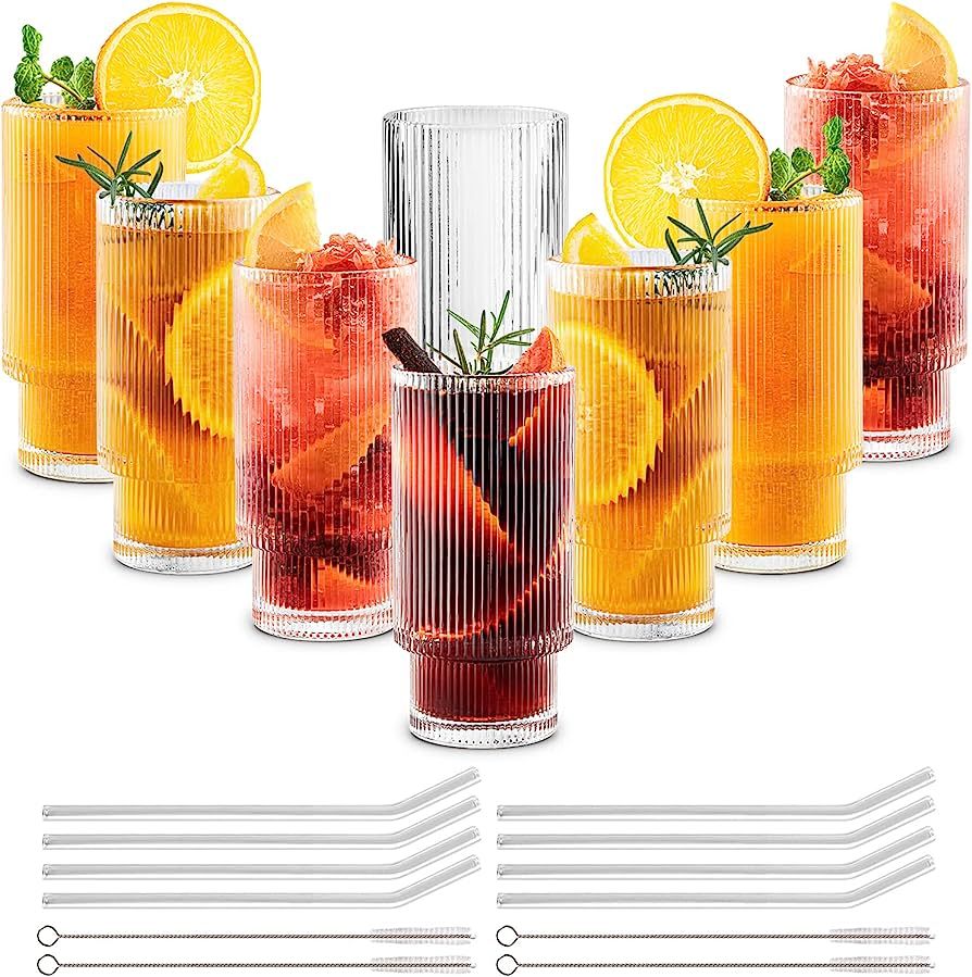 Gracenal Ribbed Glass Cups with Straws 12oz, Drinking Glasses Set of 8, Ribbed Glassware, Cocktai... | Amazon (US)