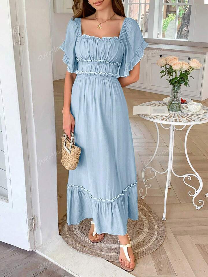 PoPoHouse Women's Dress Summer Vacation Casual Color Contrast Skirt With Ruffled Puffy Sleeves | SHEIN