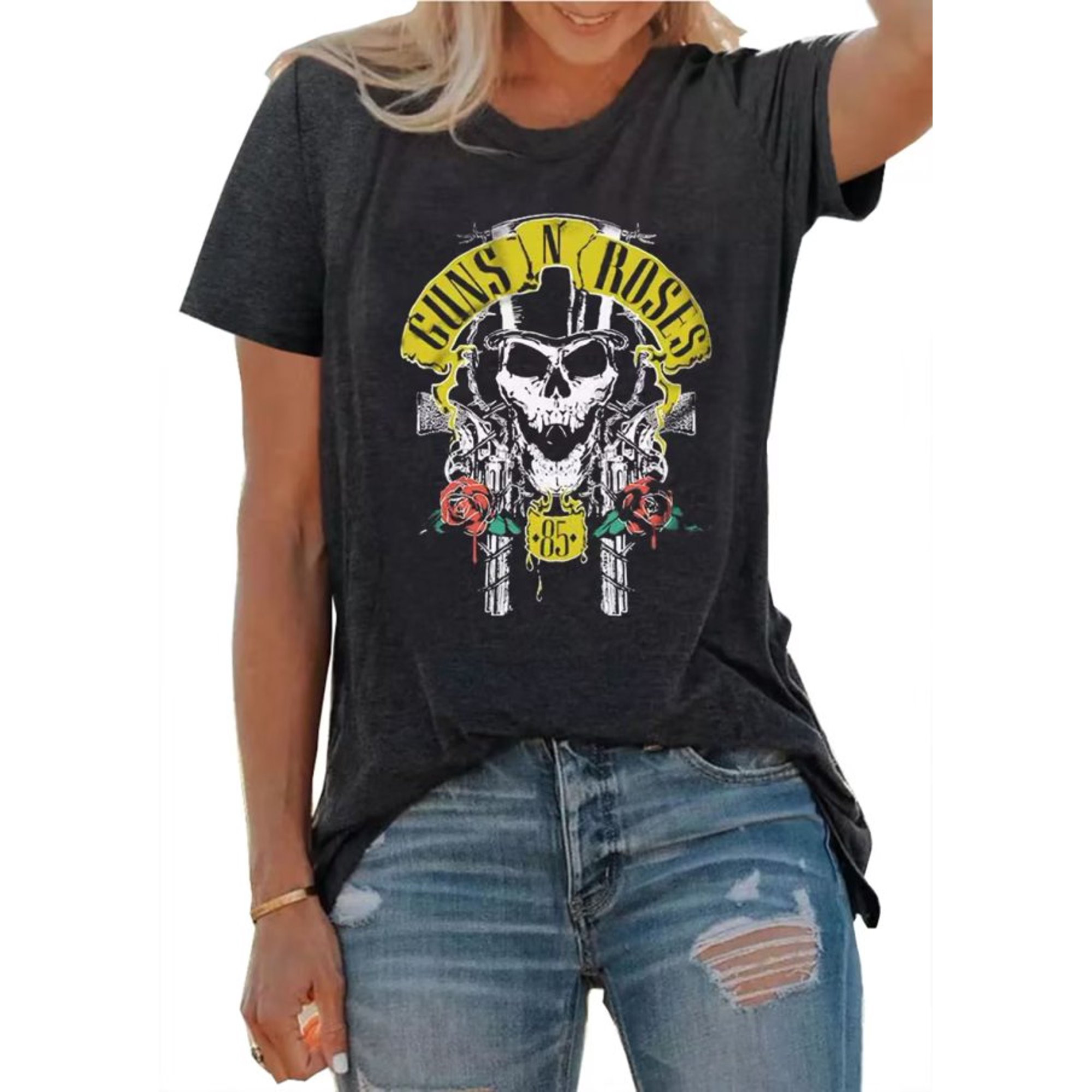 Guns N' Roses Skull Shirts for Women Vintage Rock Music T-Shirt Tops Funny Skeletons Graphic Shor... | Walmart (US)