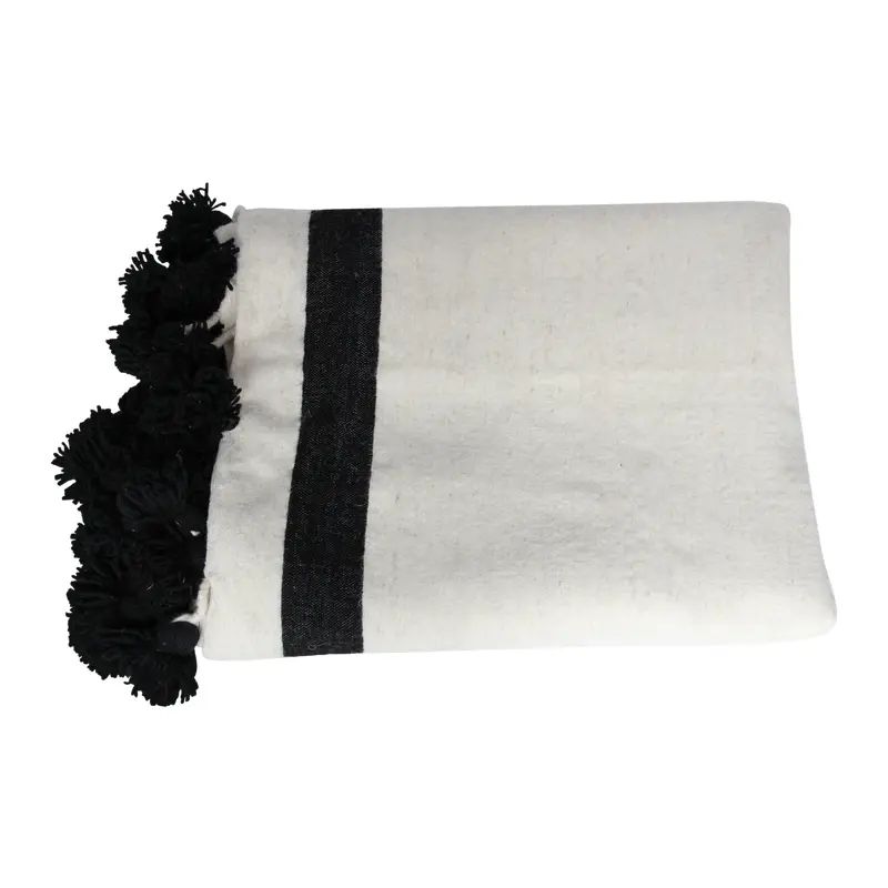 Black & White Moroccan Wool Pom Pom Blanket | Chairish