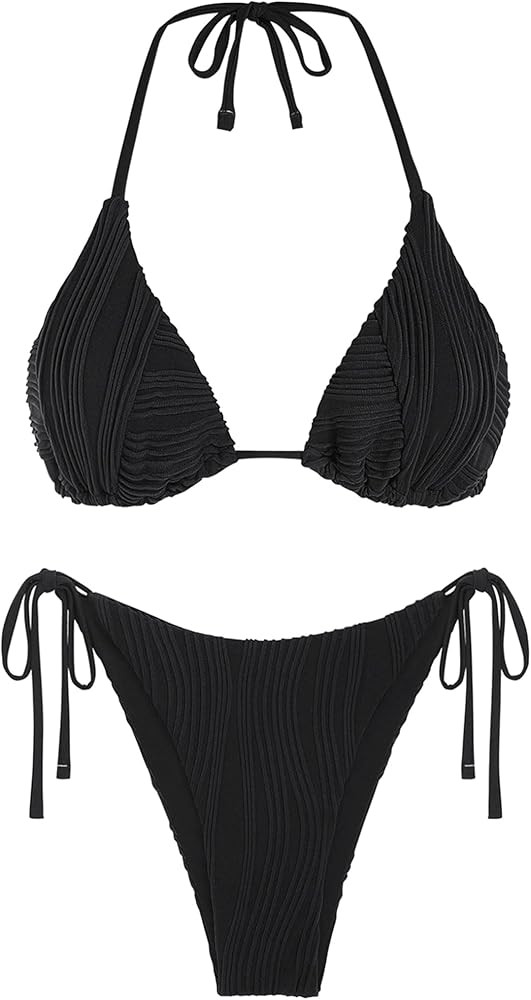 ZAFUL Bikini Sets for Women Halter Two Piece Swimsuit Ribbed High Cut Tie Side Thong Bathing Suit... | Amazon (US)