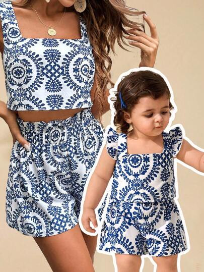 Travachic KIDS 2pcs/Set Baby Girl Mother And Daughter Ditsy Floral Square Neck Ruffle Trim Casual... | SHEIN