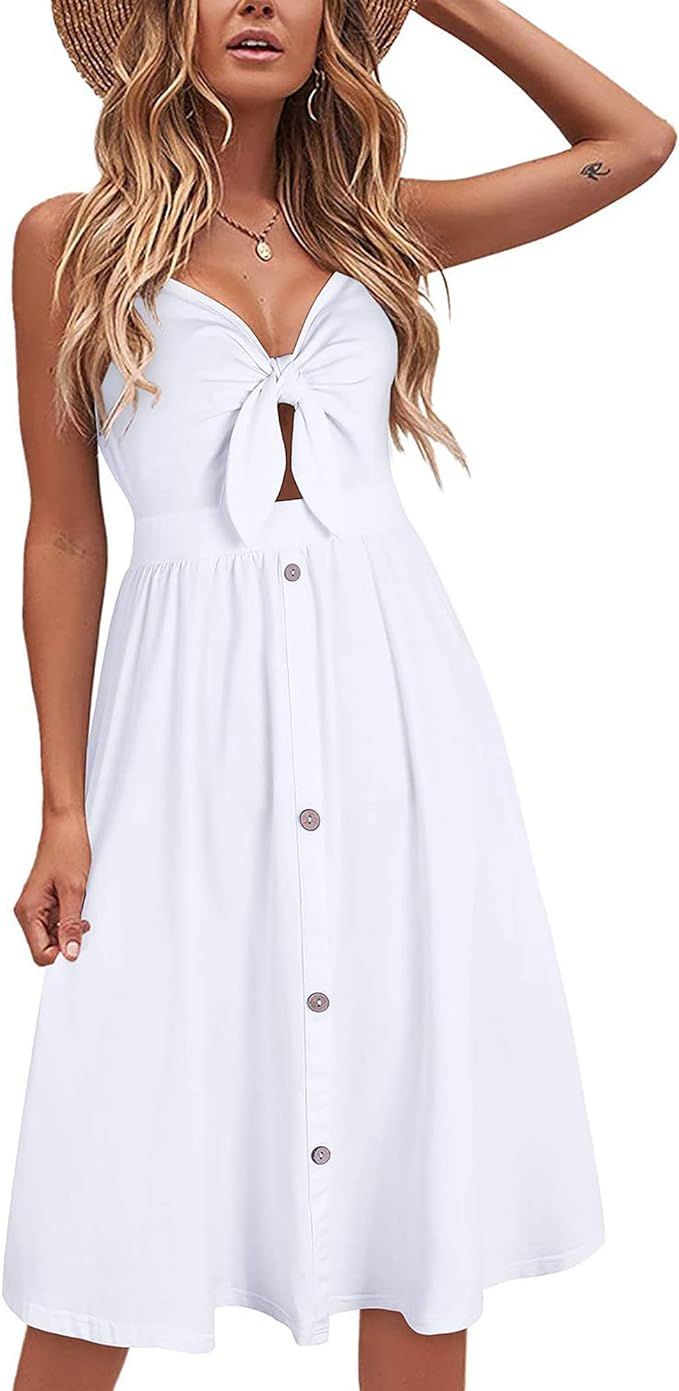 VOTEPRETTY Women's Floral White V Neck Tie Front Spaghetti Strap Dresses with Pockets | Amazon (US)
