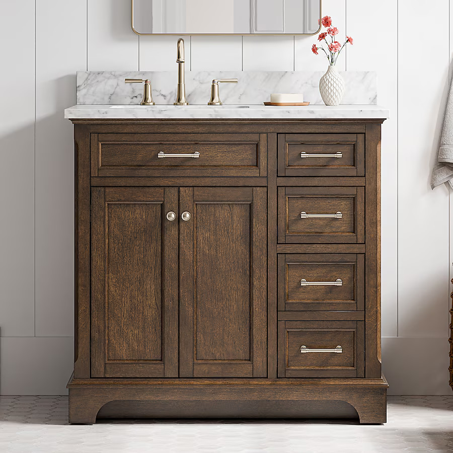 allen + roth Roveland 36-in Deep Walnut Undermount Single Sink Bathroom Vanity with Carrara Natur... | Lowe's