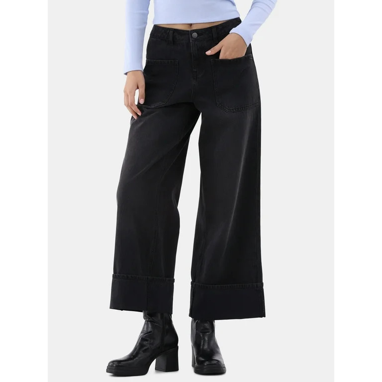 No Boundaries Cuffed Wide Jeans, 32” Inseam, Women’s | Walmart (US)