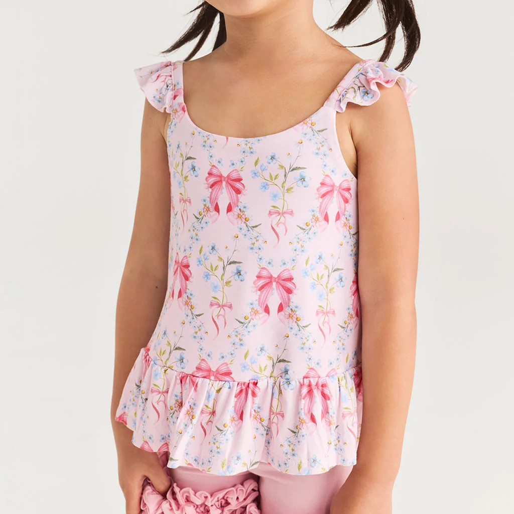 Bows Pink Toddler Girl Ruffled Tank Top | Harriet | Posh Peanut