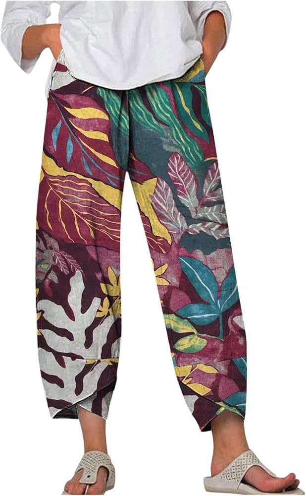 2024 Cropped Pants Women Wide Leg Cotton Linen Yoag Pants Summer Trendy Floral Printed Capri Pala... | Amazon (CA)