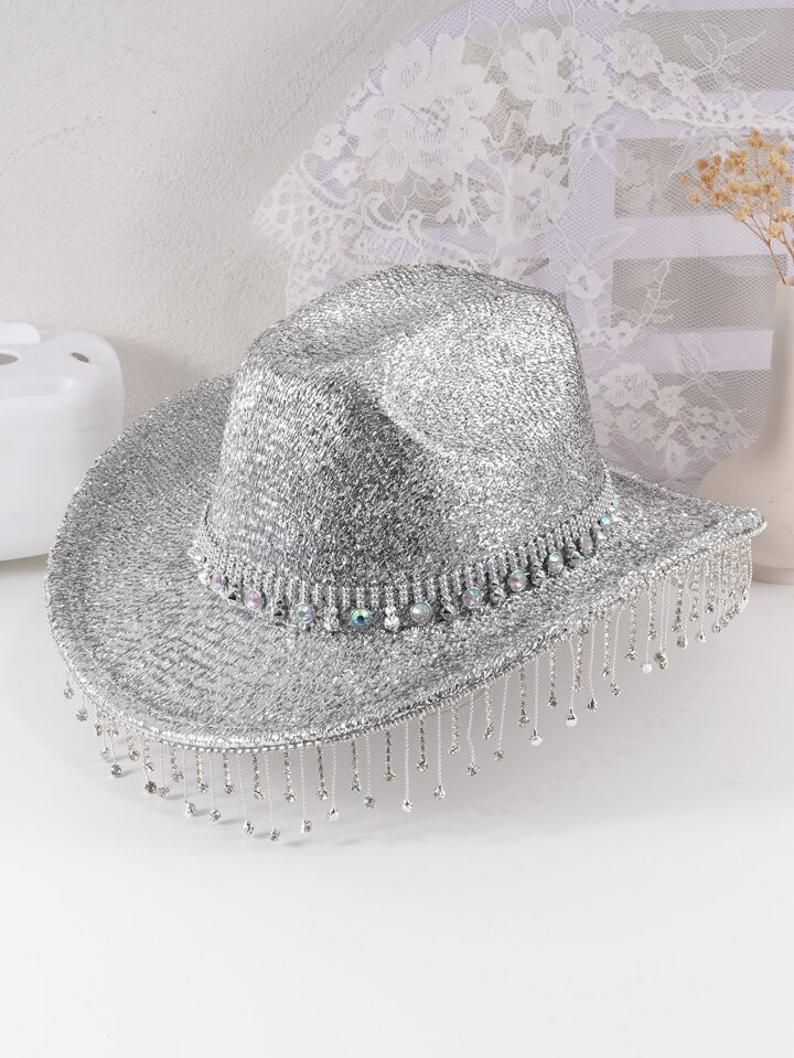 1pc Rhinestone Cowgirl Hat Women's Silver Fringed Rhinestone Glittering Stage Performance Sun Protection Western Cowboy Hat Sequin Cowboy Fedora With Jazz Style Decoration, Suitable For Daily Use Party Cowboy Hat Cowgirl Hat Halloween | SHEIN