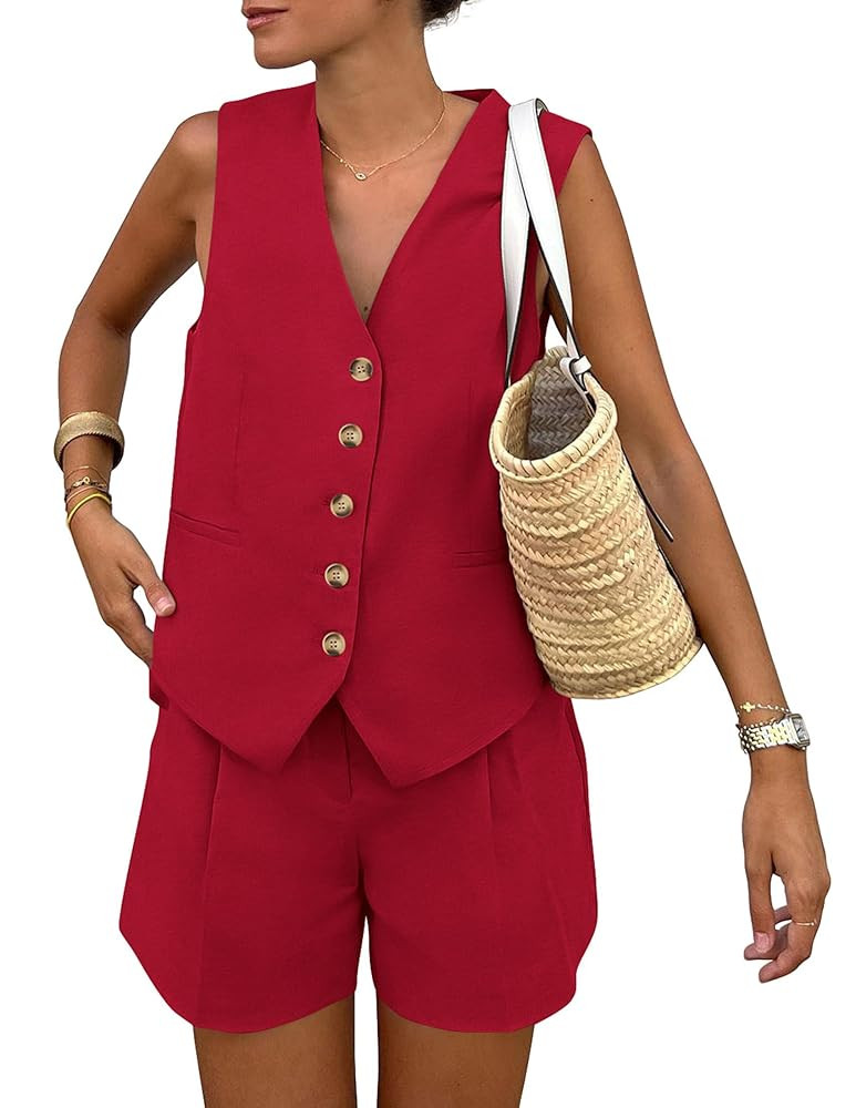 PRETTYGARDEN Women's Summer 2 Piece Outfits Sleeveless Matching Sets Button Down V Neck Vest Wais... | Amazon (US)