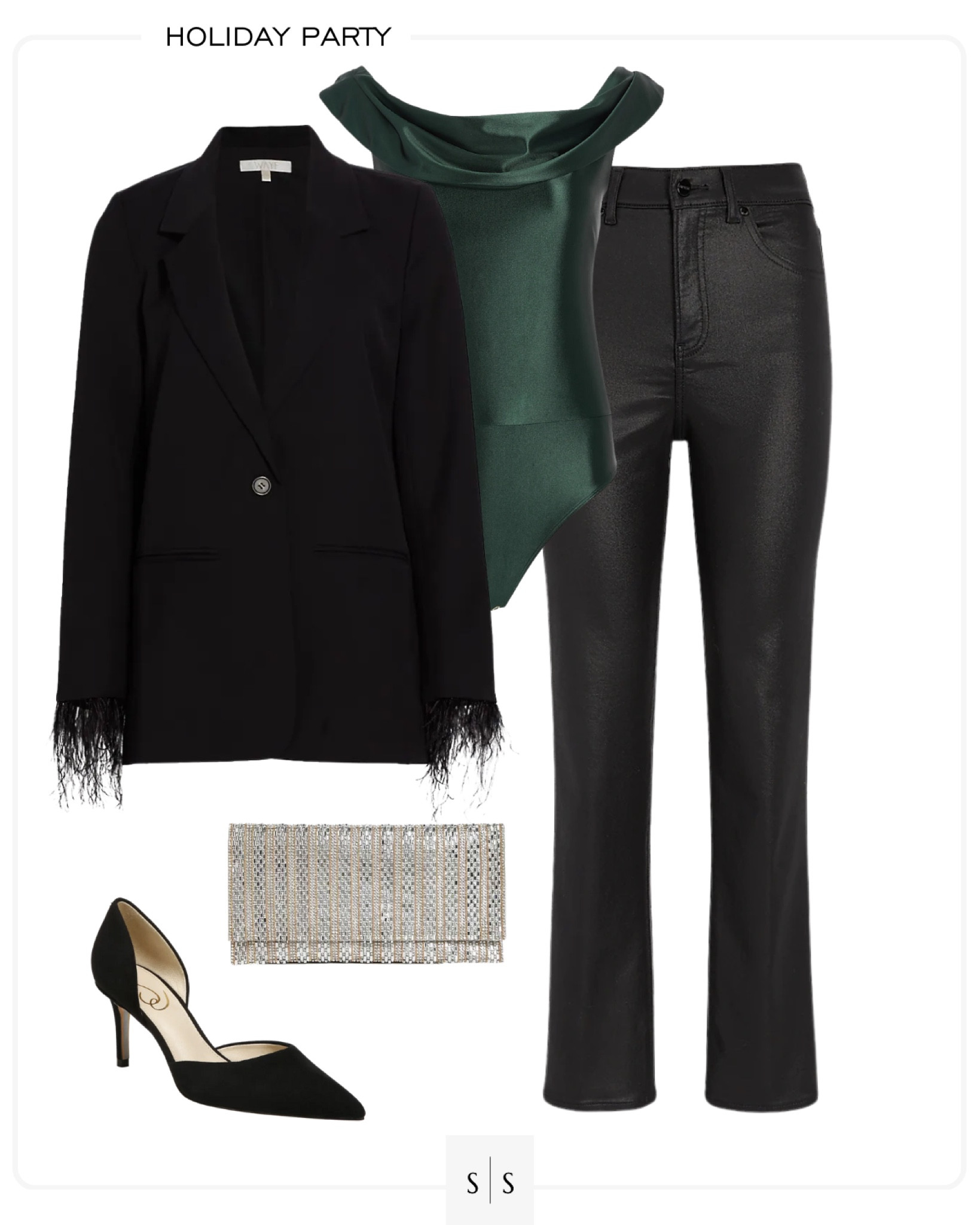 Holiday Party festive outfit idea | #coatedpant #featherblazer #satin #bodysuit #holidaystyle #newyearsstyle #winterstyle #holidayparty | See more festive Holiday style on thesarahstories.com  ✨

#LTKHoliday #LTKSeasonal #LTKstyletip