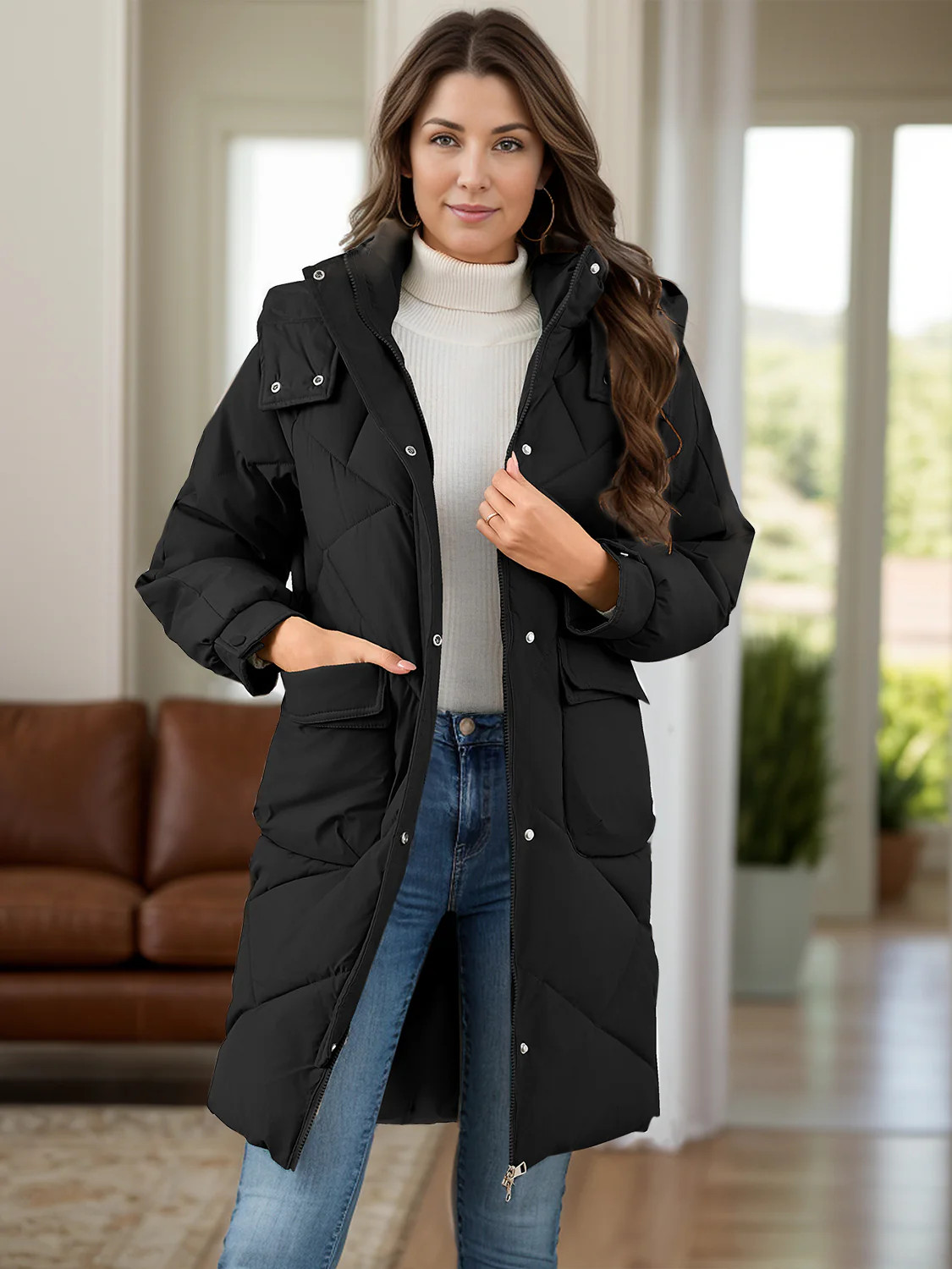 Long Sleeve Longline Hooded Winter Coat with Pockets Black / L | Casual Chic Boutique