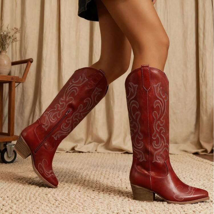 New Women Western Cowgirl Boots, Pointed Toe Embroidered Thick Heel Mid-Calf Fashion Boots | SHEIN