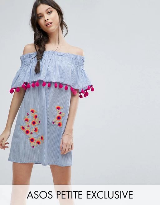 ASOS PETITE Stripe Off Shoulder Sundress with Embroidery and Pom Poms | ASOS US
