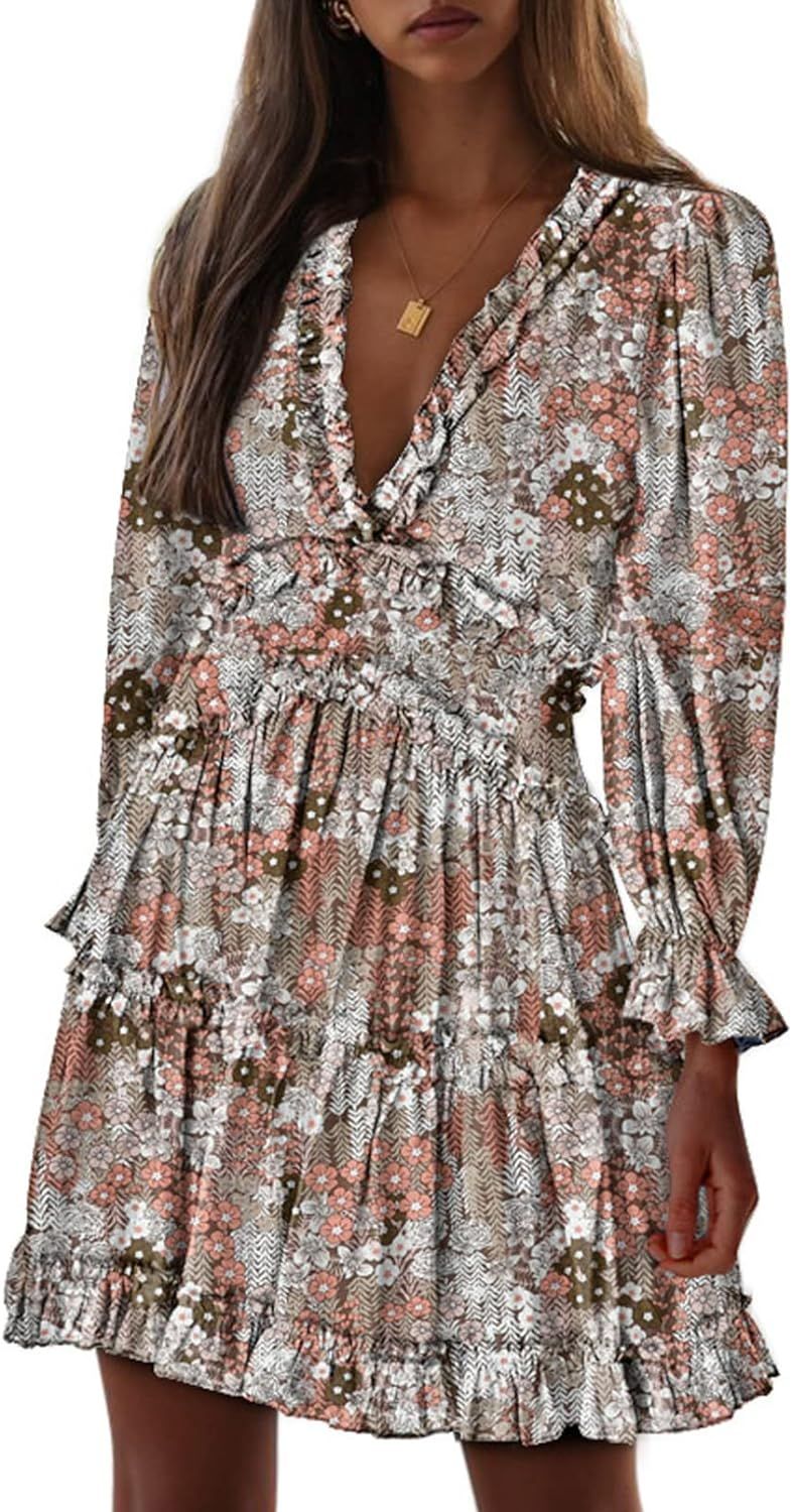 Dokotoo Womens Fall Summer Deep V Neck Ruffle Long Sleeve Floral Print Mini Dress | Amazon (US)