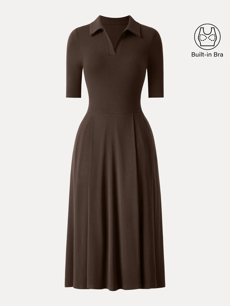 Polo Neck Elbow Length Sleeve Midi Bra Dress with Pockets | OGLmove
