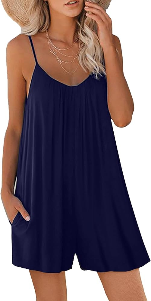 SHANZHEN Womens Shorts Rompers Casual Summer Loose V Neck Adjustable Strap Sleeveless Jumpsuits | Amazon (US)