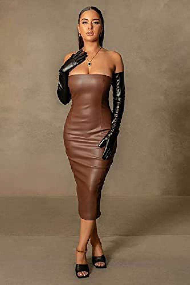 XLLAIS Women Sexy Strapless Tube Top Midi Dress Off Shoulder Bodycon Sexy Party Faux Leather Dres... | Amazon (US)