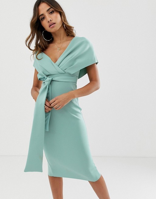 ASOS DESIGN fallen shoulder midi pencil dress with tie detail | ASOS US