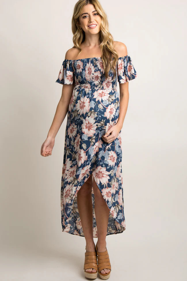 PinkBlush Blue Floral Off Shoulder Smocked Wrap Maternity Dress | PinkBlush Maternity