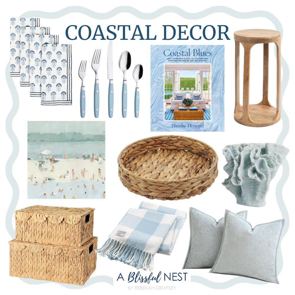 Soft blues and natural textures make this coastal decor feel effortless. Shop the look.
Blue and white patterned napkins, blue and silver cutlery, coastal blues decorative book, natural wood side table, beach scene art print, woven serving basket, artificial coral decor, woven storage boxes, blue and white checkered throw blanket, light blue throw pillows. #LTKFindsUnder50 #LTKFindsUnder100 

 #LTKHome