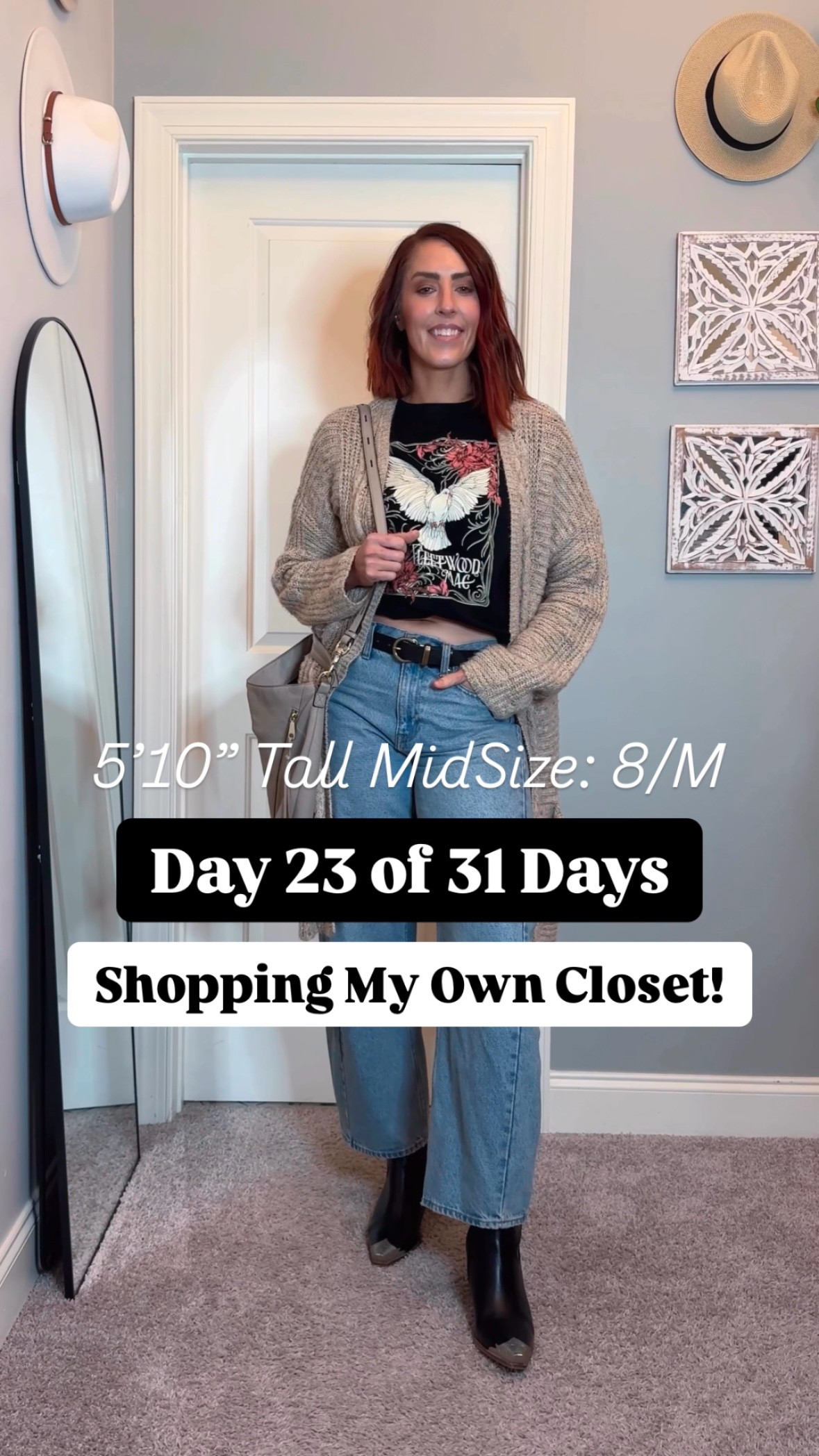 Day 23 of my 31 Days of Closet Magic Challenge brought some serious Boho Cowboy vibes! 

I styled my Fleetwood Mac black band tee with light wash tall-friendly barrel jeans, cinched perfectly with a black leather belt. My black Western cowboy ankle boots and beige knitted duster sweater gave the outfit a cozy yet edgy flair. 

To keep it practical and chic, I finished the look with a neutral beige hobo bag. Effortless, boho, and ready for anything!

What’s your go-to concert tee vibe?
1️⃣ Rock band classics
2️⃣ Vintage boho
3️⃣ Modern minimalist

#TallWomenFashion #BohoStyle #CowboyBoots #WesternOutfitInspo #BarrelJeans #CozyAndChic #EffortlessStyle

#LTKMidsize #LTKStyleTip #LTKShoeCrush