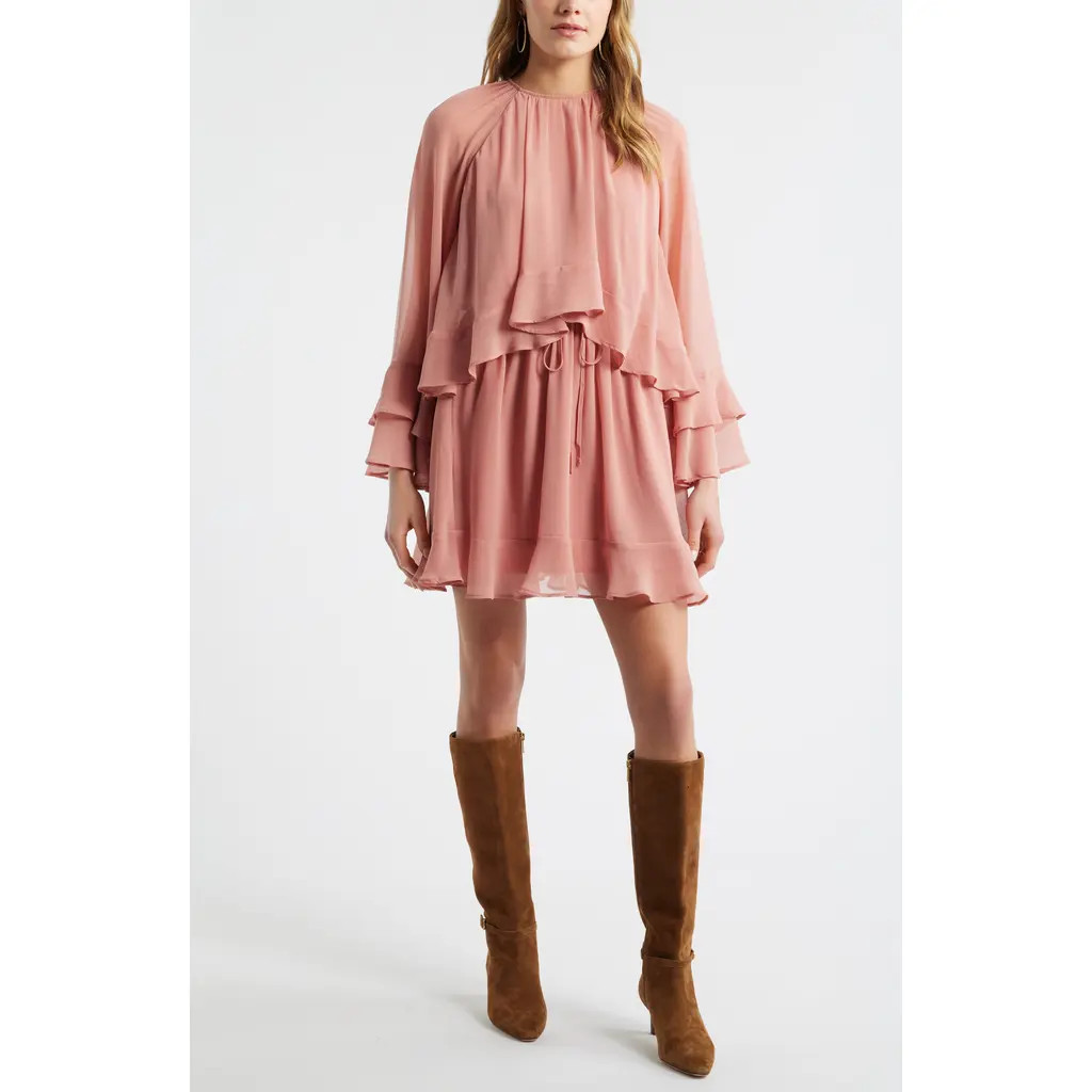 Treasure & Bond Tiered Long Sleeve Chiffon Minidress in Pink Desert at Nordstrom Rack, Size Medium | Nordstrom Rack