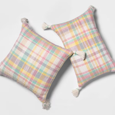 Easter Plaid Throw Pillow with Tassels Pink/Yellow - Spritz™ | Target
